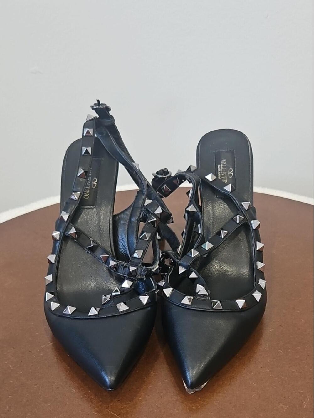 Valentino Black Leather Studded Pointed Slingback Heels